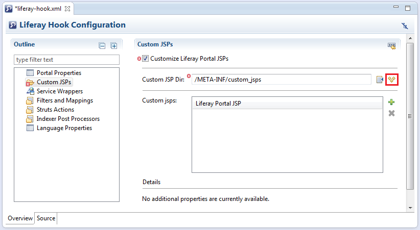 Figure 1: Liferay IDE lets you specify a folder for the custom JSPs youre developing. Create the folder by clicking the icon that has the three yellow diamonds.