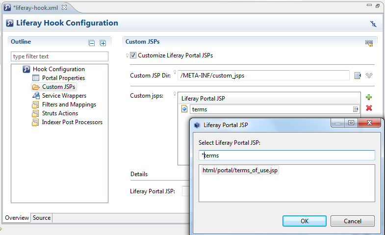 Figure 2: Liferay IDE simplifies adding a custom JSP to your hook by providing a powerful overview mode for editing your liferay-hook.xml file.