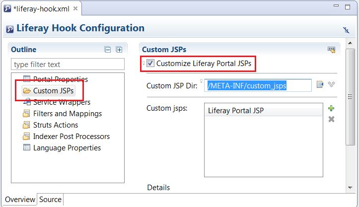 Figure 1: Liferay IDEs Hook Configuration menu allows you to create a custom JSP.
