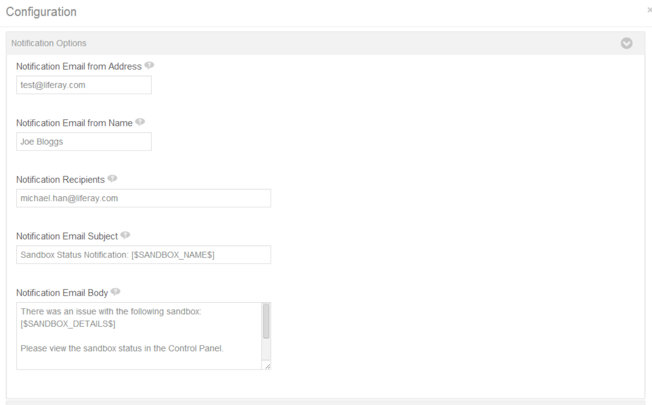 Figure 2.16: Via the SPI Administrations global configuration panel, you can set specific email notification options, including the senders address, the senders name, default recipients, a default email subject template, and a default email body template.