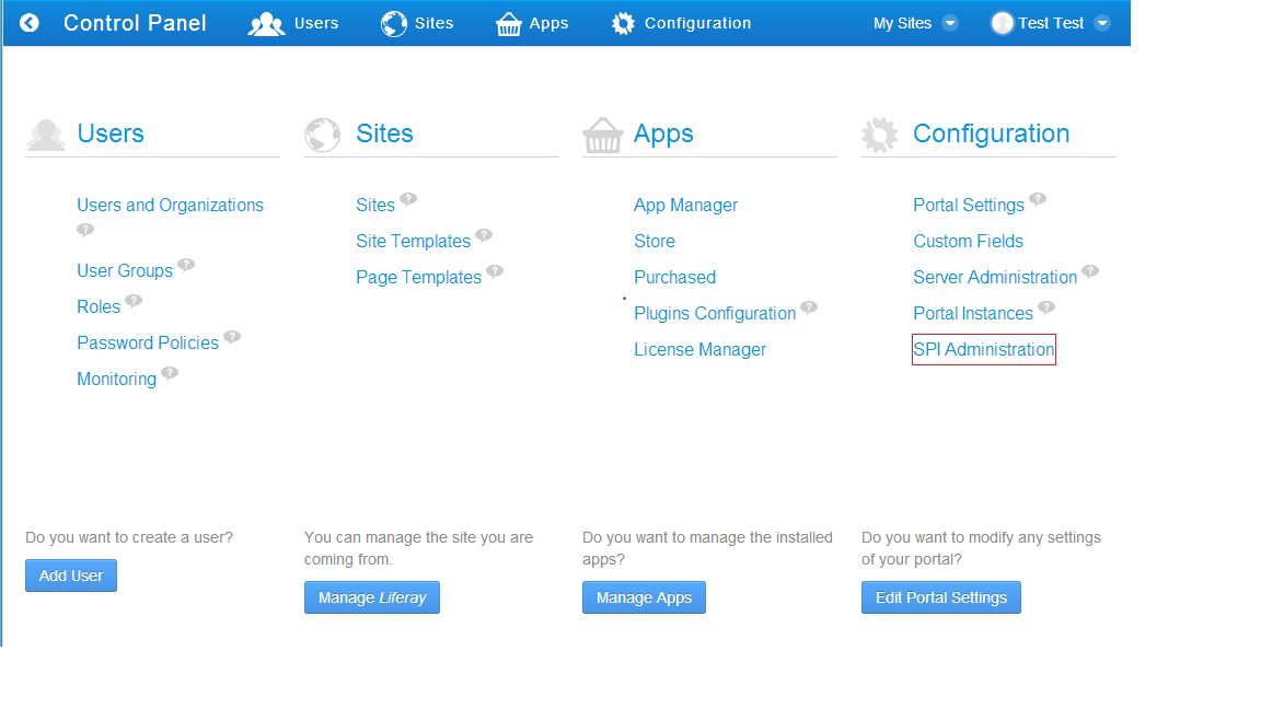 Figure 2.5: The Sandboxing App comes with an SPI Administration UI thats accessible from the portals Control Panel.