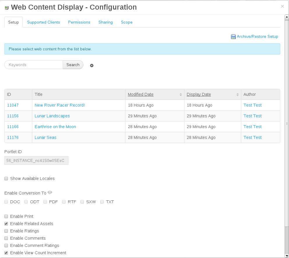 Figure 2.22: Publishing web content is a snap. At a minimum, you only have to select the content you wish to publish. You can also enable lots of optional features to let your users interact with your content.
