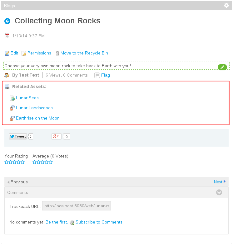 Figure 2.20: This blog entry has links to three Related Assets: one web content and two message board entries.