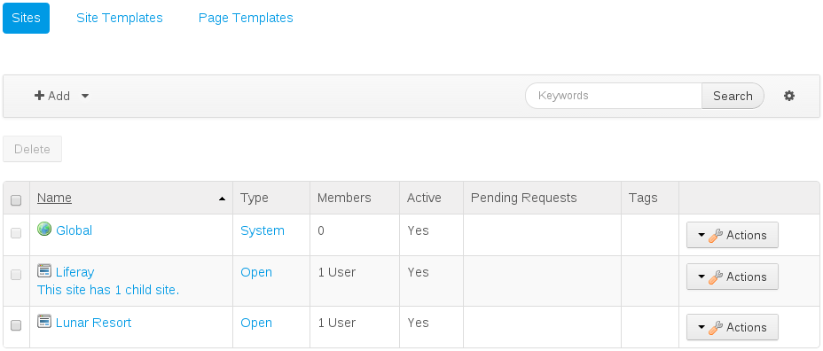 Figure 2.14: You can choose where to create content by navigating to the Control Panel and selecting Sites.