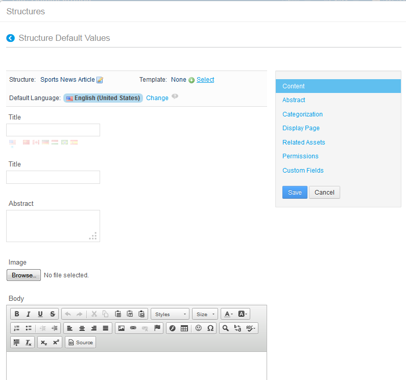 Figure 3.3: You can edit default values via the Actions button of the Manage Structures interface.