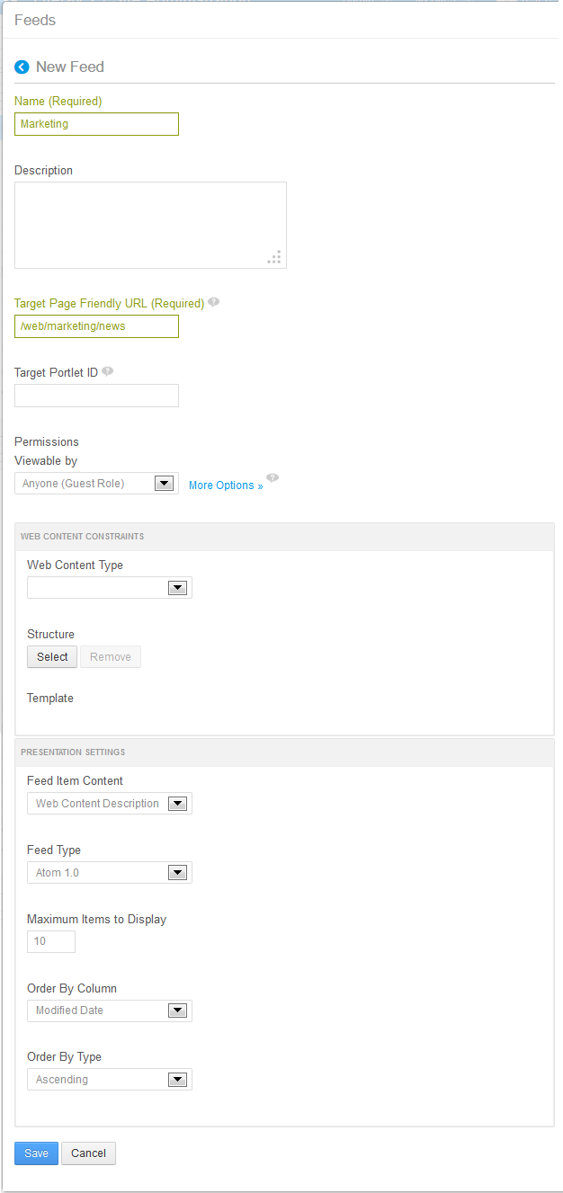 Figure 3.8: To create a new RSS feed, you only need to specify a name and a target page. Of course, you can also configure other features of the feed such as its permissions, web content constraints, and presentation settings.