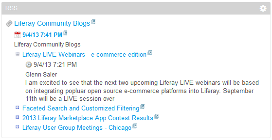 Figure 3.10: By default, the RSS portlet is configured to display feeds from Liferay Community Blogs, Yahoo News, and the New York Times. This image displays what the Liferay Community Blogs feed looks like in the RSS portlet.