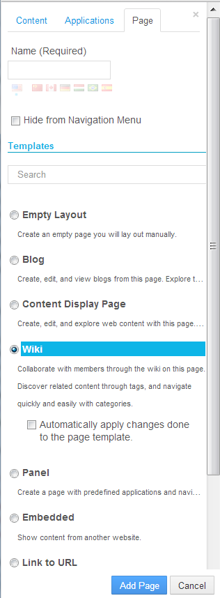 Figure 3.15: When creating a new site page, youre given options for the page template and page type.