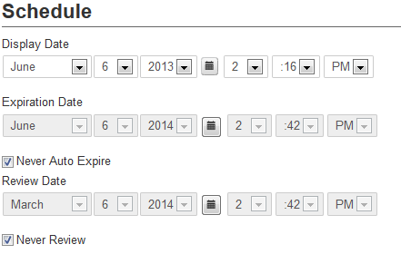 Figure 3.19: The web content scheduler can be easily accessed from the right panel of the page.