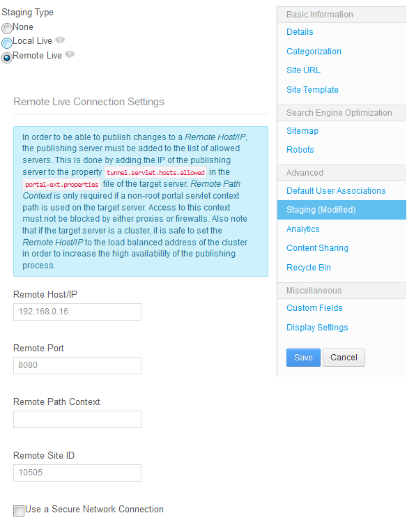 Figure 3.20: After your remote Liferay server and local Liferay server have been configured to communicate with each other, you have to specify a few Remote Live connection settings.
