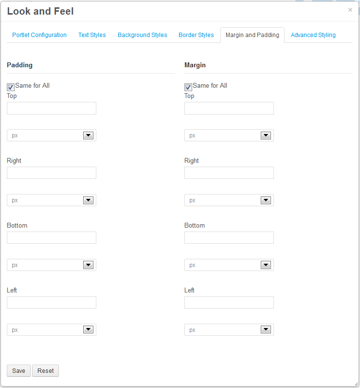Figure 4.5: The Margin and Padding tab allows you to specify margin and padding lengths for the sides of your portlet.