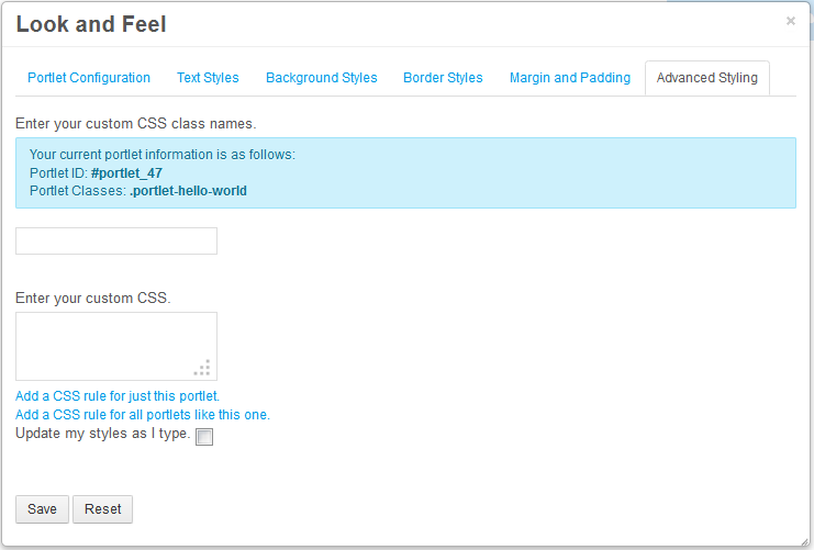 Figure 4.6: The Advanced Styling tab displays your portlets Liferay ID and allows you to enter CSS code to customize the look and feel of your portlet.