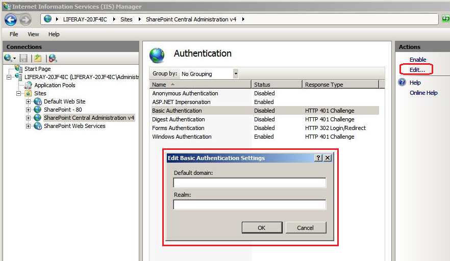 Figure 2: Clicking the Edit action brings up the a dialog for setting the Default domain and Realm.