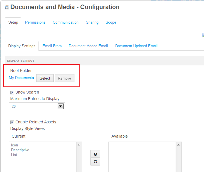 Figure 5.6: To make portlet-specific configurations for Documents and Media, click on the gear icon at the top of the portlet window and select Configuration.