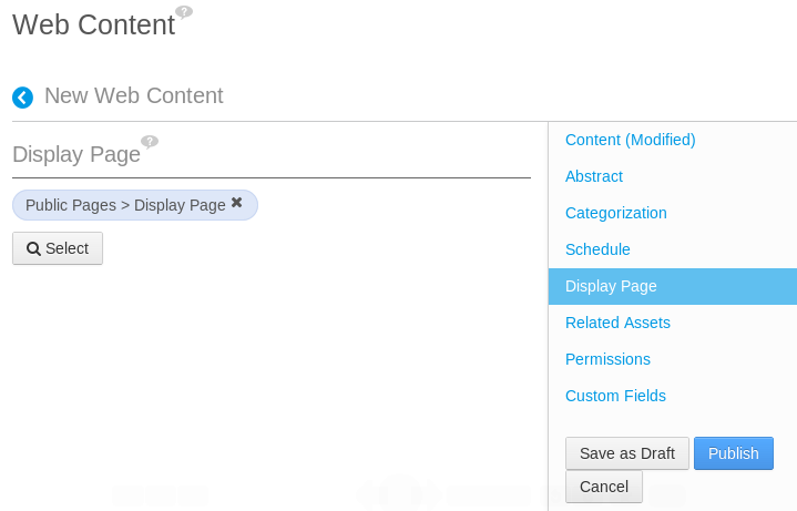 Figure 6.17: You can select a display page for a web content instance when creating or editing one.