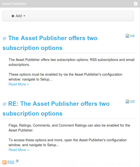 Figure 6.16: When RSS subscriptions have been enabled for an Asset Publisher portlet, a link to the Asset Publishers RSS feed appears. Users can subscribe to the Asset Publishers RSS feed using their preferred RSS reader.