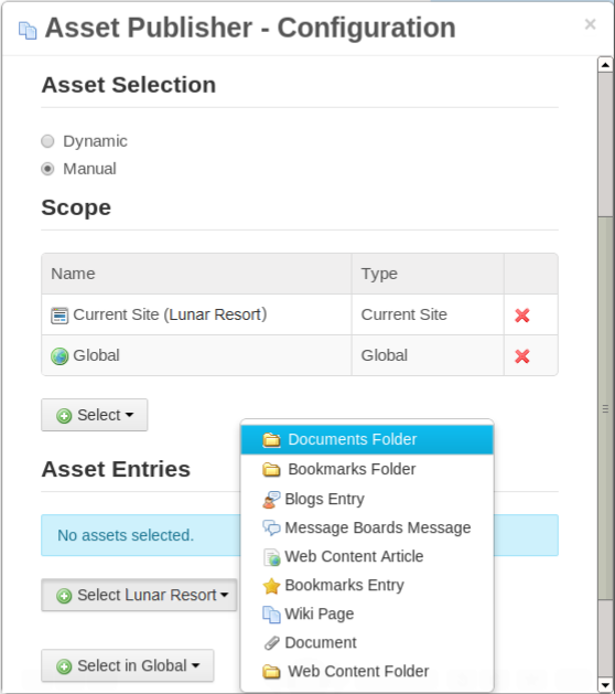 Figure 6.13: Selecting assets in the Asset Publisher manually is similar to selecting assets in the Web Content Display portlet except that you can select assets of any type, not just web content. You can also add scopes to expand the list of assets that available to be displayed in the Asset Publisher.