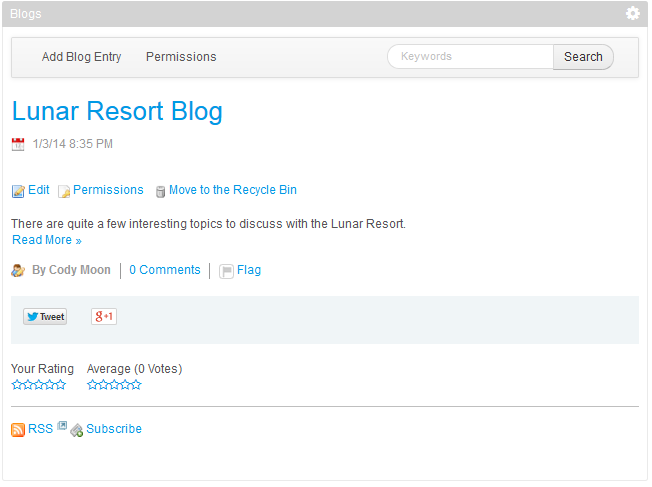 Figure 9.5: This sample blog entry gives you an idea of what new content and features are displayed on your page.