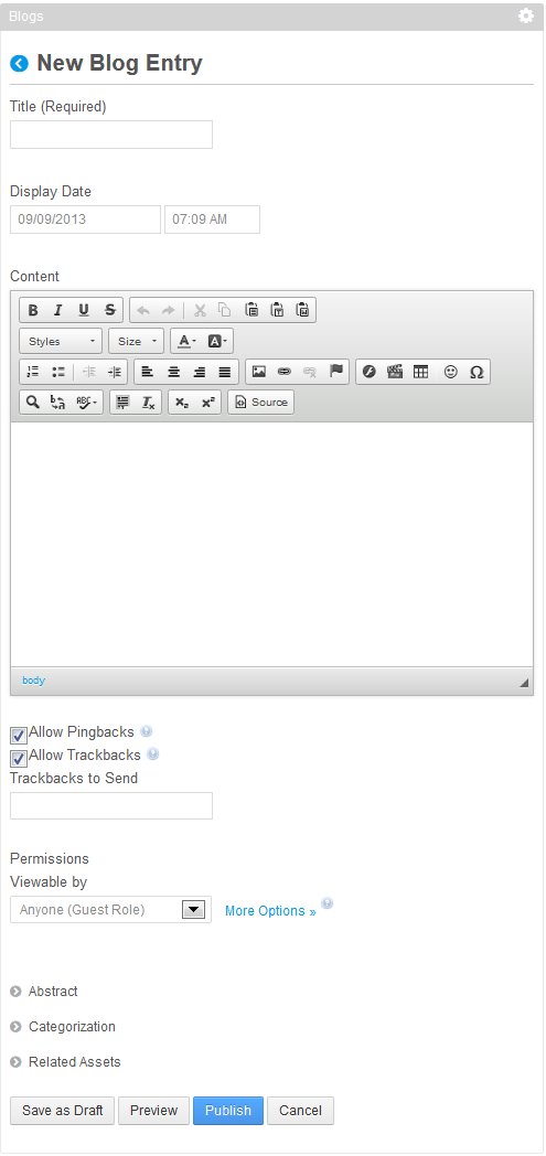 Figure 9.4: After clicking Add Blog Entry, a new window appears with configuration options for your new blog entry.