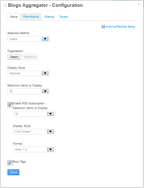 Figure 9.6: You can navigate to the Blogs Aggregator Configuration menu by selecting the Options gear from the portlets title bar and selecting Configuration.