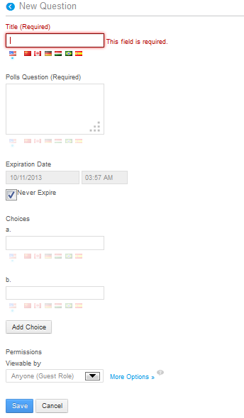 Figure 9.26: Besides the Title and the Polls Question, you must enter data for each of the Choices fields when creating a new poll.
