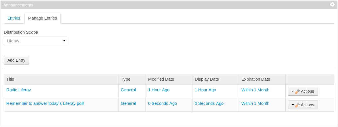 Figure 9.32: The Annoucements portlet displays a list of annoucements to regular users. It also provides administrators with an interface for managing and adding entries.