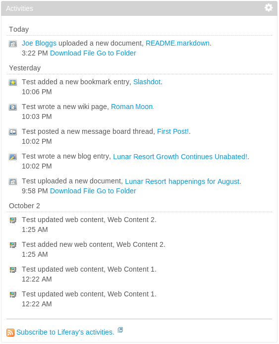 Figure 10.2: The Activities portlet displays information about asset-related user activity in the current site. It only displays information about web content if the current user is a site administrator.