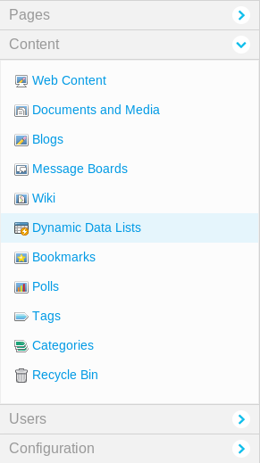Figure 11.1: You can manage dynamic data lists from the Content section of the Site Administration area of the Control Panel.