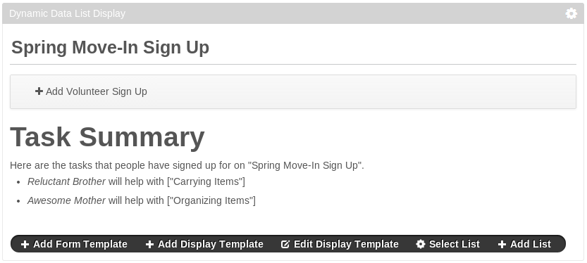 Figure 11.7: This display template provides a list of users whove volunteered along with the tasks for which they volunteered.