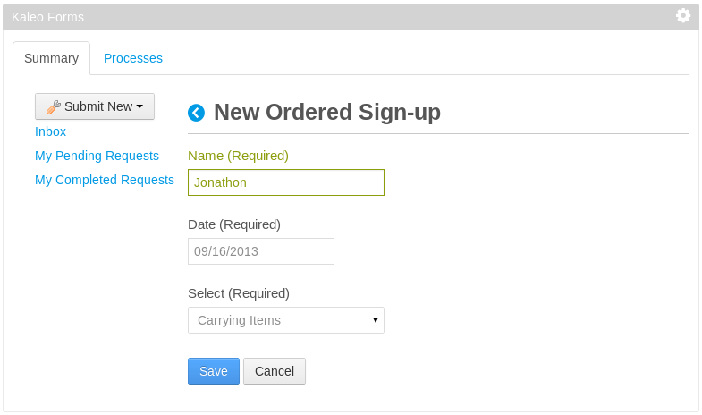 Figure 11.12: When adding a new entry to a process, youre presented with the processs configured form template for the initial display.