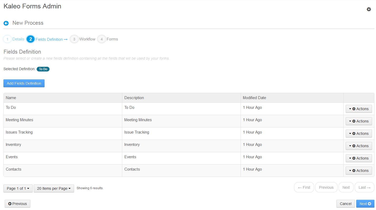 Figure 13.2: The second step of the New Process Wizard. This is where you define and choose the fields for your forms.