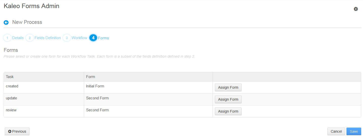 Figure 13.10: The fourth step in the New Process wizard lets you assign a form to each task.