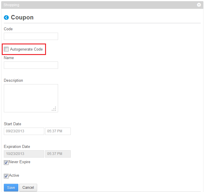 Figure 14.18: Create a coupon code automatically when you select the Autogenerate Code box.