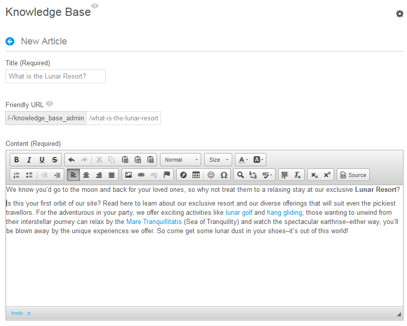 Figure 14.27: You can create and modify a Knowledge Base articles content using the WYSIWYG editor.