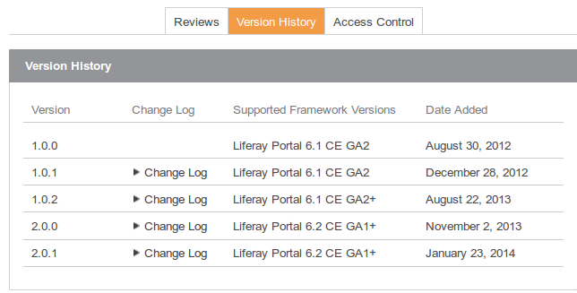 Figure 15.10: Look at an apps supported framework versions to check if its compatible with your version of Liferay.
