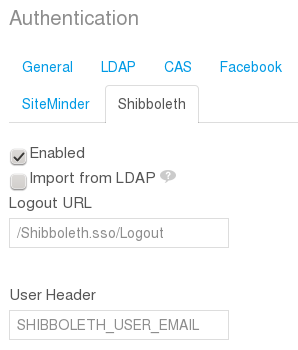 Figure 3: You can enable/disable Shibboleth authentication for Liferay by navigating to the Control Panel → Portal Settings &rrar; Authentication → Shibboleth.