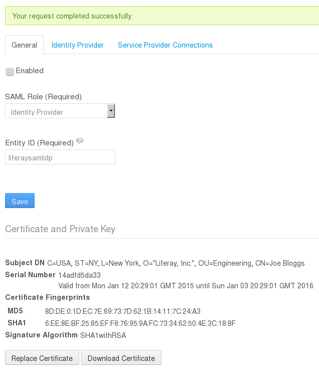Figure 6: The General tab of the SAML Admin portlet displays information about the current certificate and private key and allows administrators to download the certificate or replace the certificate.