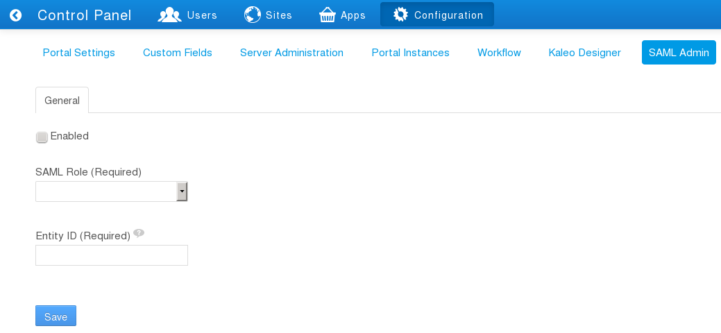 Figure 5: Select a SAML role for Liferay and enter an entity ID.