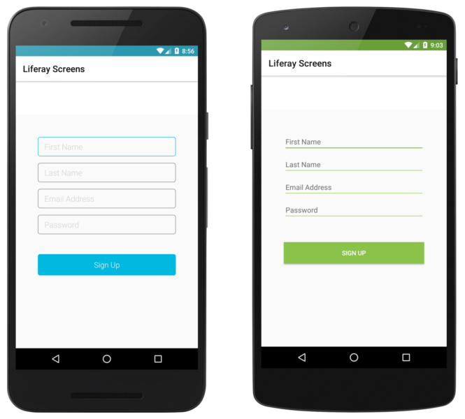 The Sign Up Screenlet with the Default (left) and Material (right) Viewsets.