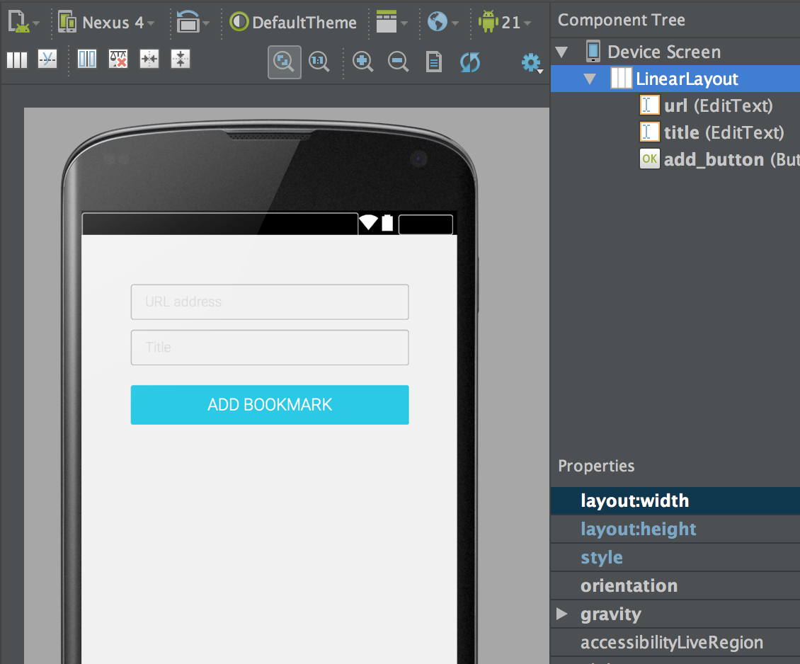 Figure 1: Add Bookmark Screenlets layout contains two text fields and a button.