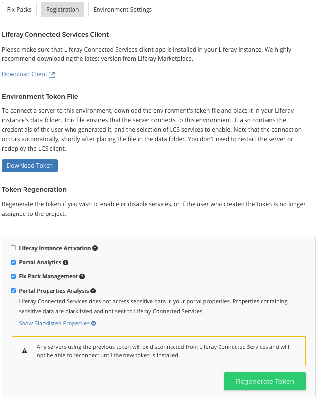 Figure 3: An environments Registration tab lets you manage the token file used to register your server in the environment.