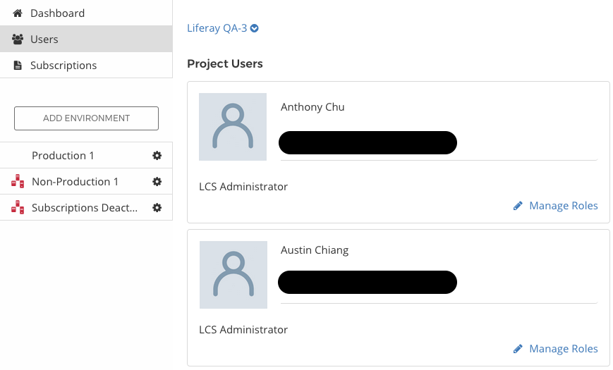 図 1：ユーザータブ上でプロジェクト内のLCSユーザーを管理できる。