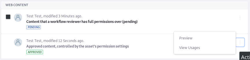 Figure 2: A User with VIEW permission on Web Content cannot manage Approved Articles.