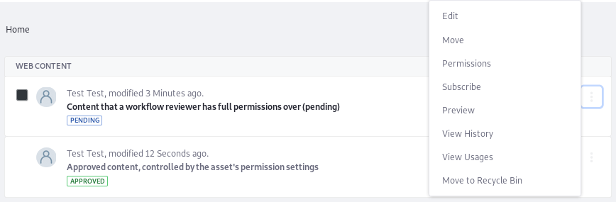 Figure 3: A User with access to Web Content in the Workflow can manage Pending Articles.