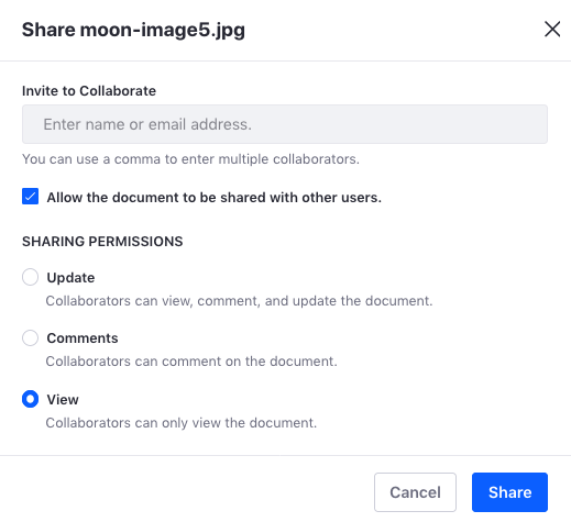 Figure 1: To share a file, you must fill out the Share dialog as these steps describe.