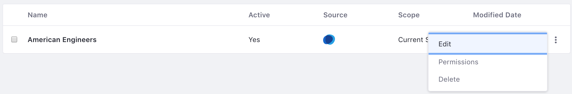 Figure 4: You can edit, delete or manage permissions from the options menu.
