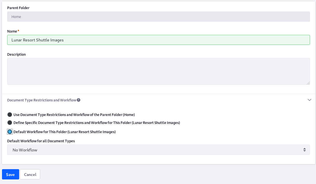 Figure 2: Activate workflow on Documents and Media folders from the folders edit screen.