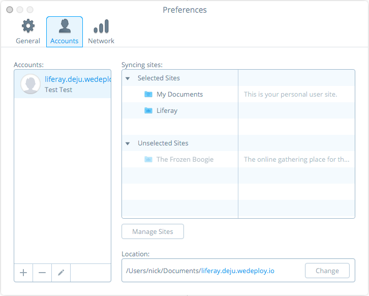 Figure 3: The Preferences menus Accounts tab lets you manage syncing with Sites per account.