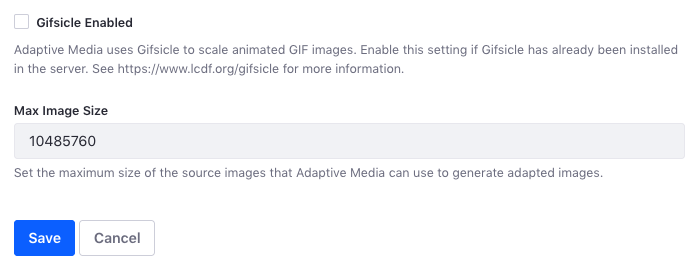 Figure 1: You can configure Gifsicle and the maximum image size for Adaptive Media.