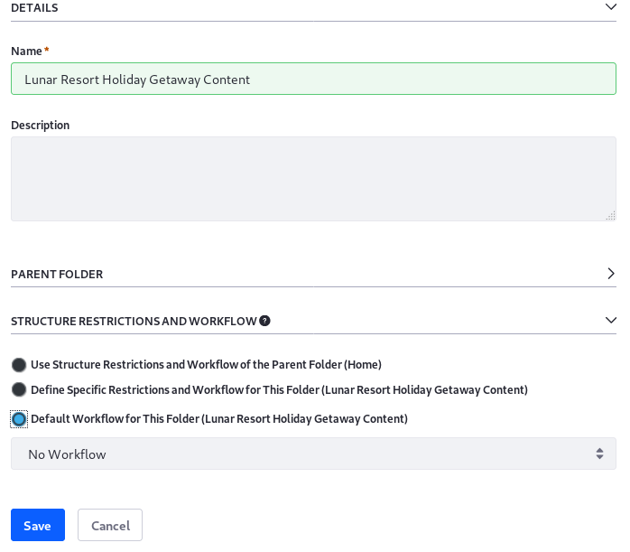 Figure 1: Activate workflow on Web Content folders from the folders edit screen.